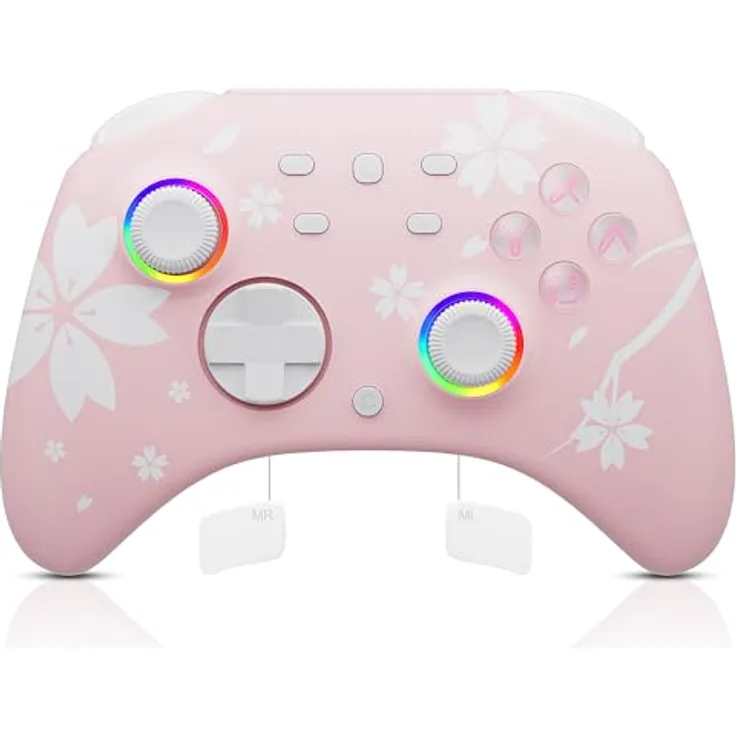 Mytrix Wireless Controller für Switch/Switch 2/Switch OLED, Pro Controller mit Turbo, Bewegungskontrolle, LED-Lichtern, 3,5-mm-Audioanschluss, rosa Sakura