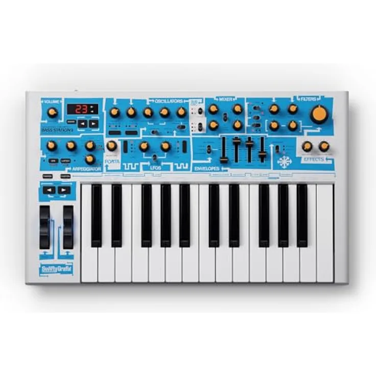 Novation Bass Station II Swifty Edition, 25-Tasten Bass-Synth mit analogem Sound und individuellen Grafiken in Weiß und Blau, inkl. vorinstallierten Artist-Patches