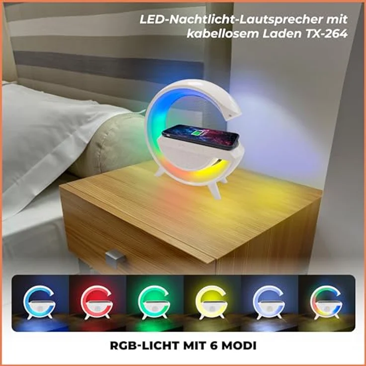 Technaxx TX-264, kabelloses LED-Nachtlicht mit 10W Ladestation, 6 RGB-Modi, Bluetooth V5.3 und 2000mAh Akku – Bild 4