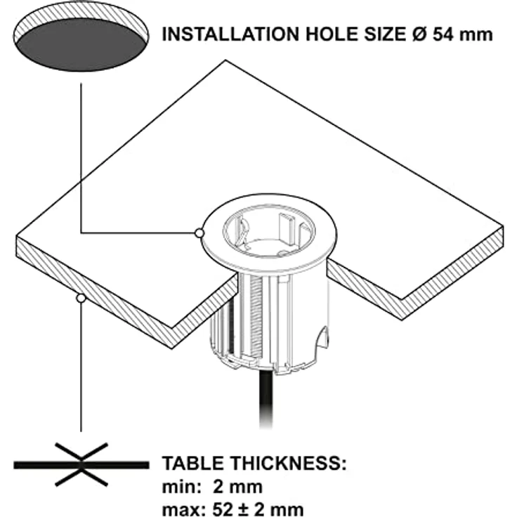 Electraline 62564 Tischplatte Grommet Einbausteckdose mit Schuko-Steckdose, 2m Kabel, D 54mm, Schwarz, inklusive Adapter für 60mm Standardlöcher – Bild 5