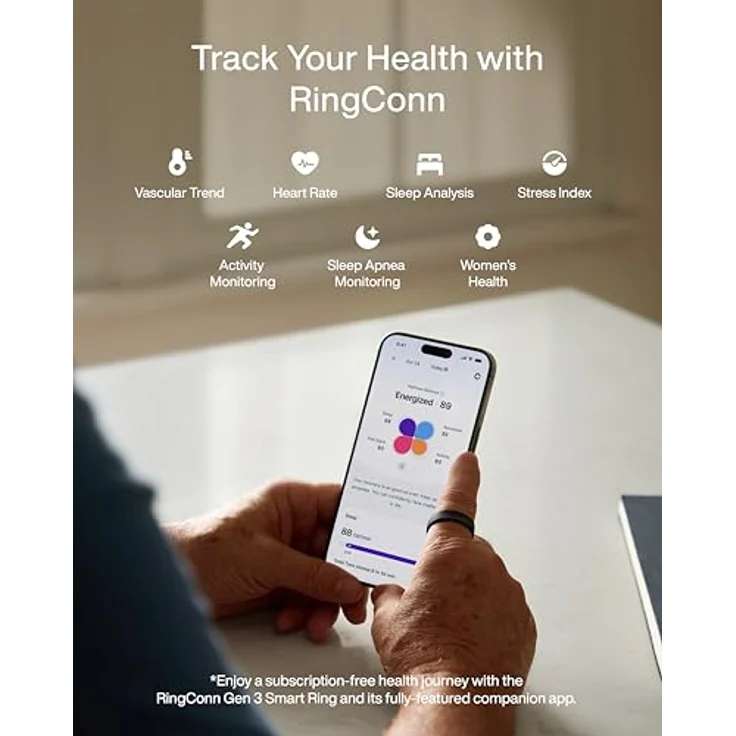 RingConn RingConn Gen 3, Fitness-Tracker mit Gefäßgesundheits-Trends, Schlafapnoe-Muster-Erkennung und 14 Tagen Akkulaufzeit, ohne Abo, Silber, Größe 10 – Bild 4