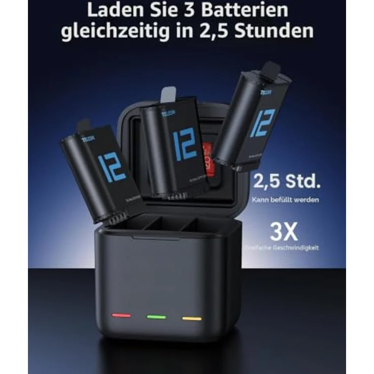 TELESIN 2 Akkus + 3-Slot-Ladecase für GoPro Hero 12/11/10/9 Black, 1750 mAh, USB-C, kompakt, schmutz- und staubgeschützt – Bild 2