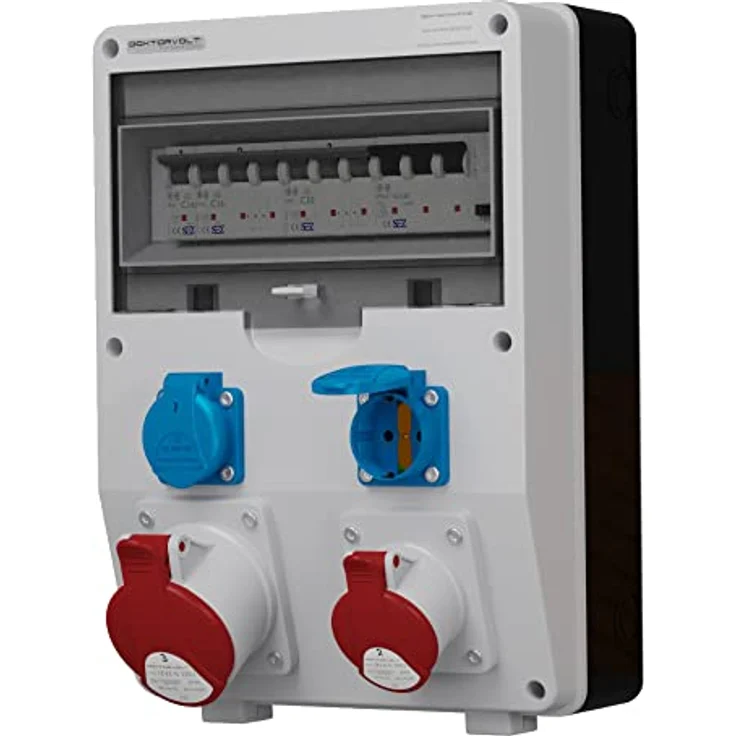 Doktorvolt Zuverlässiger Stromverteiler für Baustellen und Industrie, DV-S/FI 32A 16A 2x230V IP54 mit CEE-Steckdosen, FI-Schalter, schwarz – Bild 2