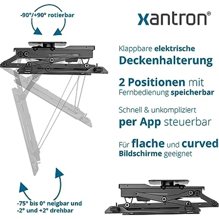 Xantron® DEHA-600E-Roto TV Deckenhalterung Elektrisch Klappbar Neigbar & Drehbar / 32-75 Zoll [Sprachsteuerung] Schwarz – Bild 4