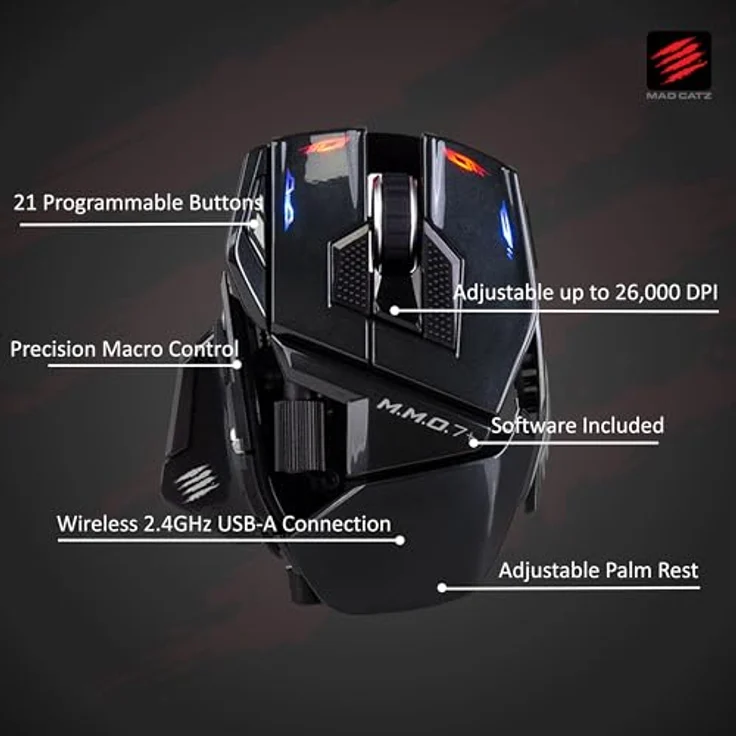 MAD CATZ M.M.O. 7+ Gaming Maus, kabelgebunden & kabellos, 21 programmierbare Tasten, 5D Taste, 26000 DPI PixArt 3395 Sensor, ergonomisch rechts – Bild 2