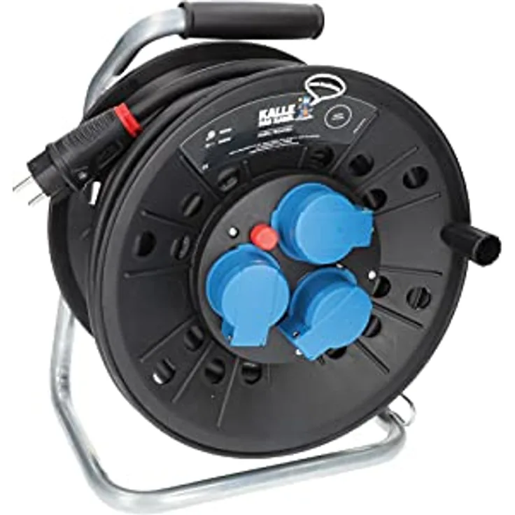 KALLE DAS KABEL Kabeltrommel Classic, 25 Meter Gummikabel H07RN-F 3G 2,5 mm² mit 3 Schukosteckdosen und IP44 Schutz für Außenbereich