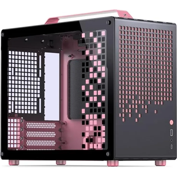 Jonsplus Z20 Micro-ATX Gehäuse, kompaktes Gaming-Gehäuse aus Stahl, für SFX-PSUs und Mini-ITX/Micro-ATX-Mainboards, schwarz/pink