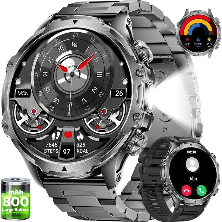 LIGE Smartwatch Herren 1.85'' HD Display, 800 mAh Akku, LED Taschenlampe, Fitnessuhr mit Telefonfunktion, 110+ Sportmodi, IP68 wasserdicht