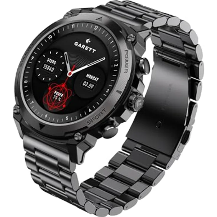 Garett Smartwatch Atom Black Steel, Sport-Smartwatch mit Health-Tracking und Benachrichtigungsfunktion, schwarz