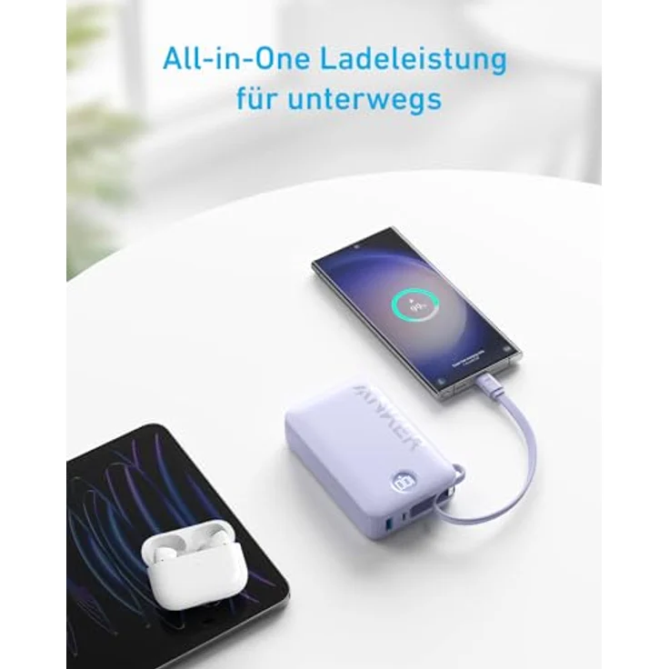 Anker Powerbank, 22.5W Leistung, Externer Akku mit integriertem USB-C Kabel, 1x USB-C, 1x USB-A, 20.000mAh Powerbank, Für iPhone 15/14 Serie, MacBook, Galaxy, iPad, AirPods und mehr(Lila) – Bild 3