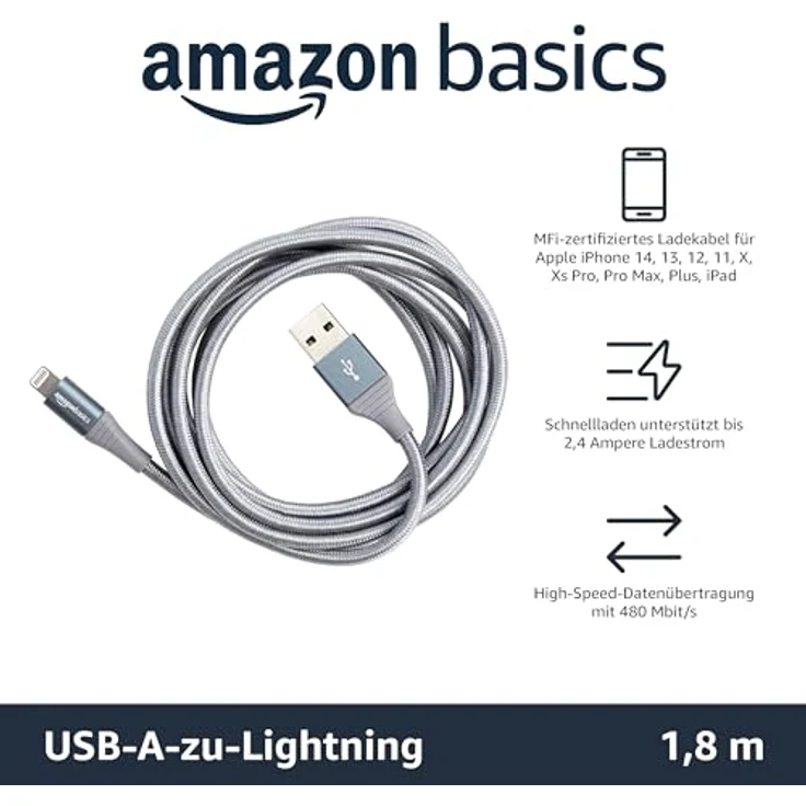 AmazonBasics – Verbindungskabel Lightning auf USB-A, doppelt Nylon-umflochten, fortschrittliche Kollektion, MFi-zertifiziertes Ladekabel für iPhone, dunkelgrau, 1,82 m – Bild 2