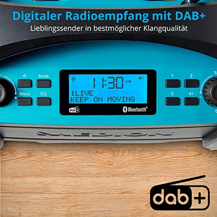 MEDION E66050 DAB+ Baustellenradio (Integrierter Akku, IP54 Schutz gegen Spritzwasser & Staub, USB-Ladefunktion, Bluetooth 5.0, PLL UKW Radio, LED-Arbeitslicht, Akku- oder Netzbetrieb) blau – Bild 3