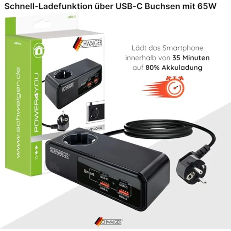 SCHWAIGER LADV4115 Steckdosenverlängerung 83W Verlängertes Ladegerät Ladestation Ladeadapter USB-C USB-A Schnellladegerät, Schwarz – Bild 4