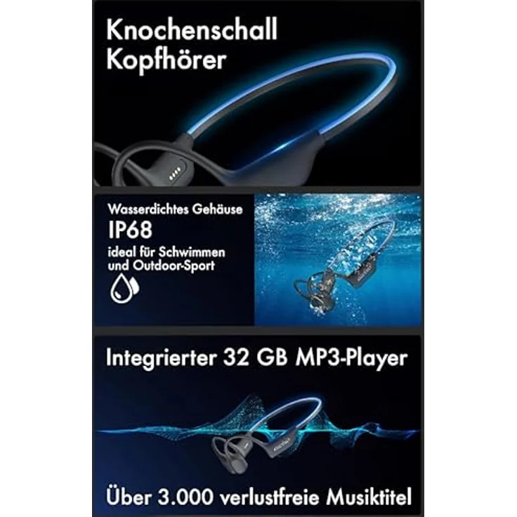 auvisio Knochenschall-Kopfhörer IHS-740.b, wasserdicht IP68, BT 5.3, 32 GB MP3-Player, 6-Farben LED, nur 25 g – Bild 3