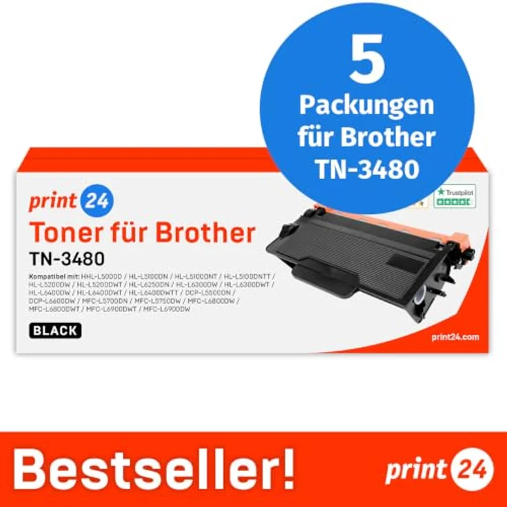 print24 Toner für Brother TN3480, Schwarz, kompatibel mit DCP-L 5500, HL-L 5000, MFC-L 5700, 5 Stück – Bild 2