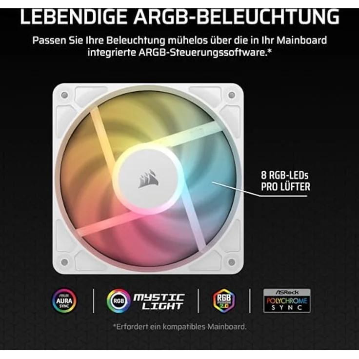 Corsair RS120-R ARGB 120-mm-PWM Gehäuselüfter, 5 ARGB-Reverse-Lüfter mit hohem statischen Druck, Daisy-Chain-Schaltung, magnetischem Domlager, Zero-RPM-Modus – Dreierpack – Weiß – Bild 5