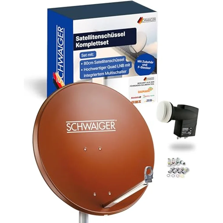 Schwaiger Satellitenanlage Set Ziegelrot Aluminium 80 cm, Offset Antenne mit Digital Quad LNB4 und 4 Teilnehmer-SAT-Anlage – Bild 1