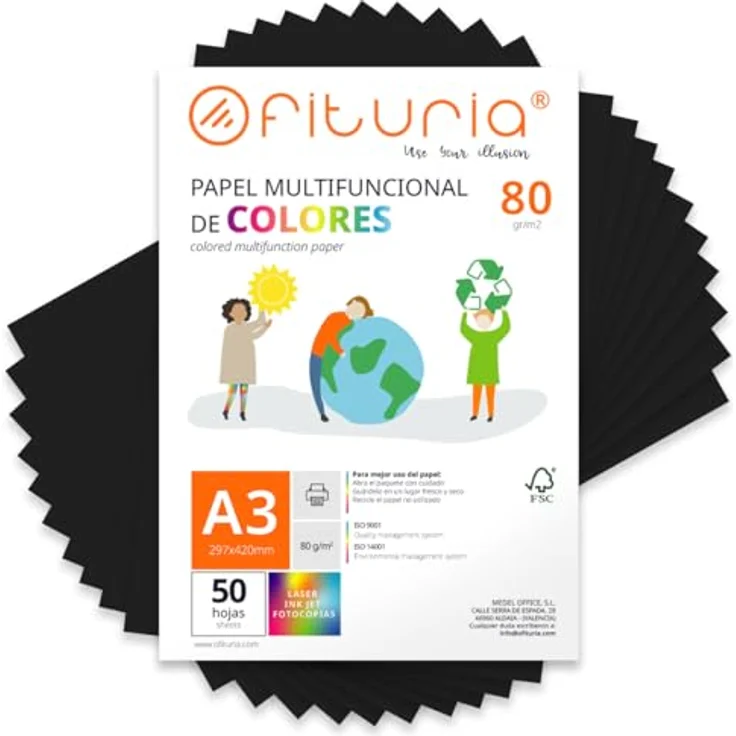 OFITURIA Buntes Papier, 50 Blatt A3 80g – Farbiges Papier für Basteln, Drucker und Scrapbooking – Schwarz – Bild 1