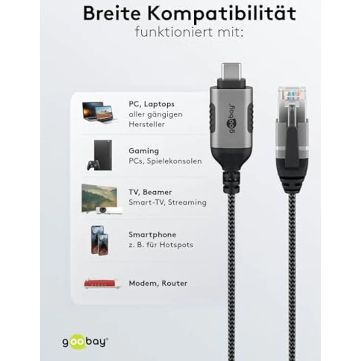 Goobay Ethernet-Kabel USB-C 3.1 auf RJ45 Slim, 10 m, CAT 6, bis 1 Gbit/s, schwarz-silber – Bild 9