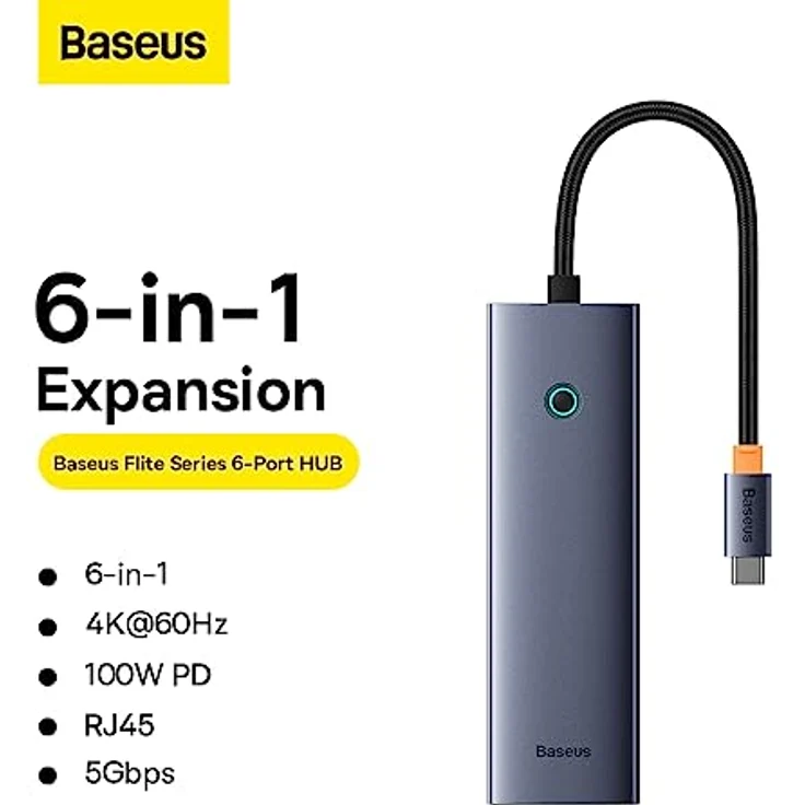 Baseus Hub 6w1 UltraJoy 6-Port (USB-C auf 1 x HDMI4K @ 30 Hz + 3 x USB 3.0 + 1 x PD + RJ45) – Bild 2