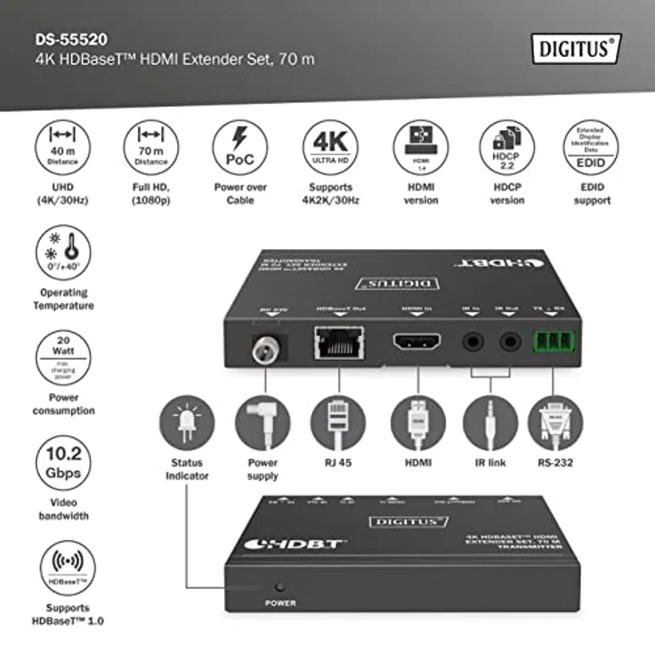 DIGITUS 4K HDBaseT™ HDMI Extender Set, 70 m, 4K2K@30Hz, RS232, IR, Schwarz – Bild 3