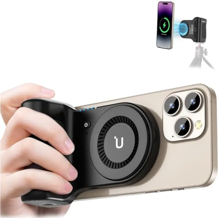 ULANZI MA45 Mag Safe-Telefongriff mit 5000-mAh-Powerbank, ergonomischer Kamera-Handgriff, kabelloses Laden, integrierter Bluetooth-Fernauslöser, Schwarz
