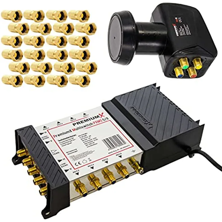 Premium X PXMS 5/8 Multischalter Set, 8-fach Multiswitch mit Quattro LNB, 3D 4K UHD 8K, Netzteil, wettergeschützt, 24 F-Stecker