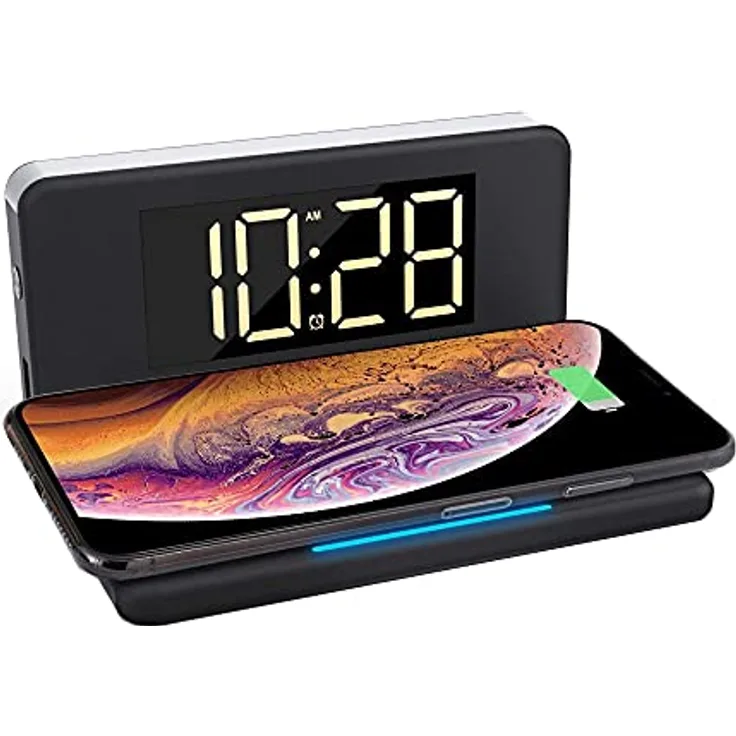 Realpower ChargeAIR Clock Digitaler Wecker Nachtlicht mit Wireless Charger Ladepad, Kabelloses 10W QI Ladegerät, Kompatibel mit iPhone 14 13 12 Pro Mini Max Samsung Galaxy S22 S21 S20 Google Pixel