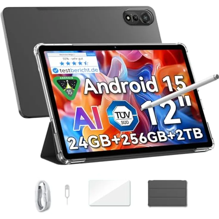 Blackview Mega2 Android 15 Tablet 12 Zoll, 24GB RAM+256GB ROM, 2K FHD, Dual 4G LTE+5G WiFi, Octa Core T615, 9000 mAh Akku, WideVine L1, Dual Kamera, Face ID, GPS - Schwarz