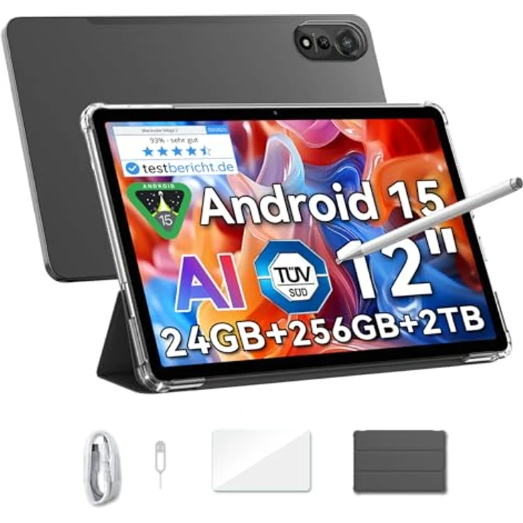 Blackview Mega2 Android 15 Tablet 12 Zoll, 24GB RAM+256GB ROM, 2K FHD, Dual 4G LTE+5G WiFi, Octa Core T615, 9000 mAh Akku, WideVine L1, Dual Kamera, Face ID, GPS - Schwarz – Bild 1