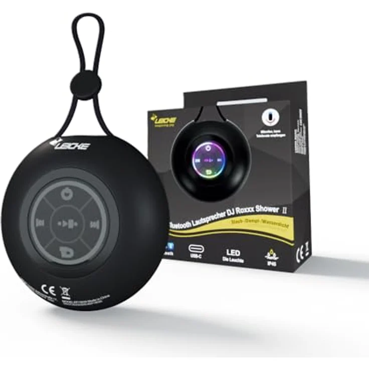 LEICKE DJ Roxxx Shower II, Tragbarer Bluetooth Mini-Lautsprecher mit 5W Sound, LED-Licht, Handschlaufe & USB-C, spritzwassergeschützt, ideal für Dusche und Outdoor-Aktivitäten – Bild 1
