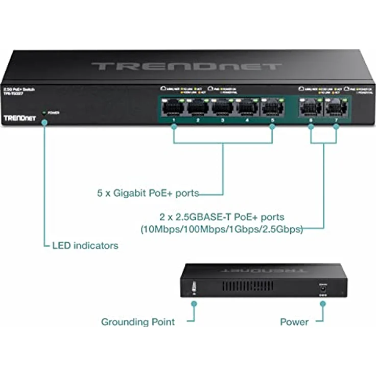 TRENDnet TPE-TG327 7-Port-Multi-Gig-PoE+-Switch, 5 x 1G RJ-45 PoE+ Base-T-Ports, 2 x 2,5G RJ-45 PoE+-Ports, 20 Gbit/s Schaltkapazität, Netzwerk-Ethernet-Switch – Bild 4