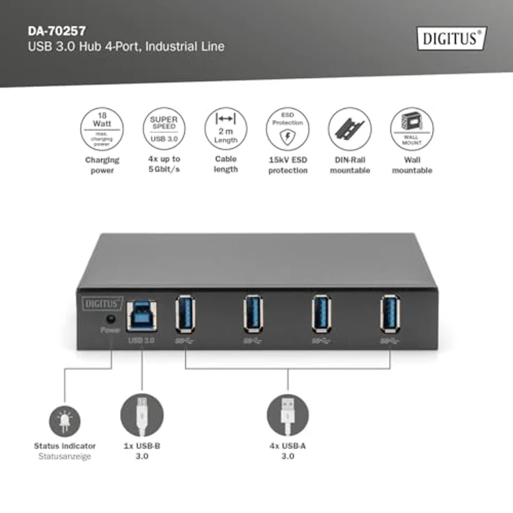 DIGITUS industrieller 4-Port USB-Hub - 4X USB-A - USB 3.0-5 Gbps - USB SuperSpeed - 15 kV ESD-Schutz - Hutschienenmontage - Schwarz – Bild 2