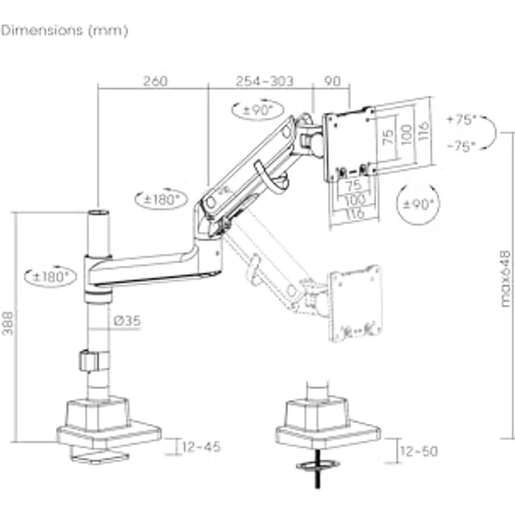 Digitus Single Monitorhalterung, vollbeweglich für Monitore bis 57", 27 kg, Tischhalterung, Weiss – Bild 2