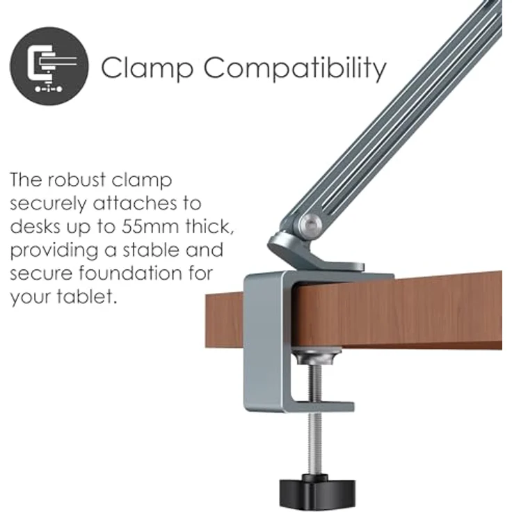 Desire2 Flex Arm Portable Tablet-Halterung, verstellbarer Aluminium-Tischständer für Tablets bis 12 Zoll, maximale Verlängerung 640 mm, robuste Klemme für Schreibtische bis 55 mm – Bild 5