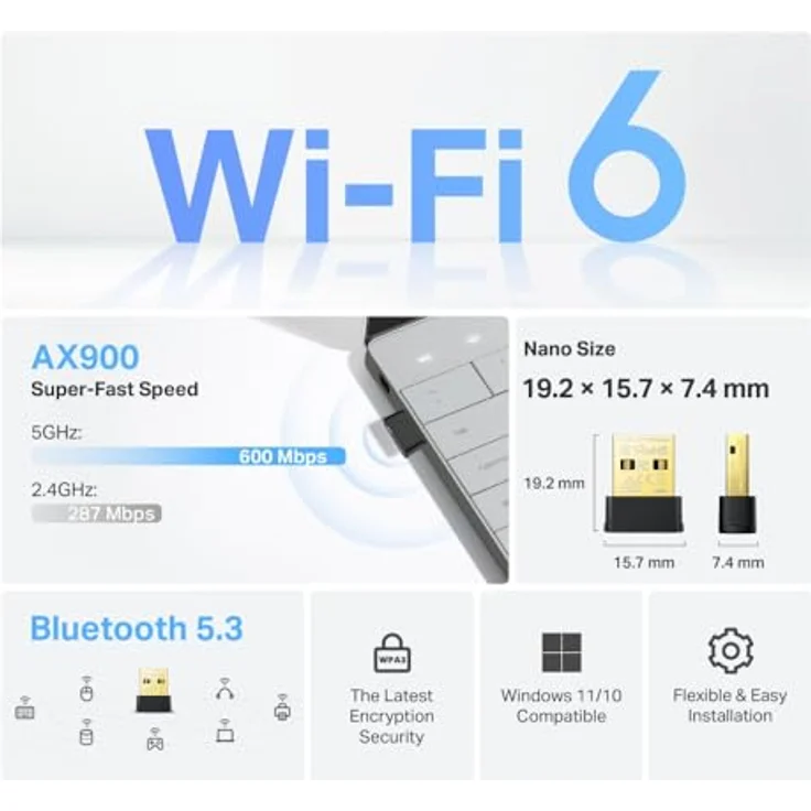 TP-Link Archer TX10UB Nano WLAN Bluetooth Adapter Für PC, Wi-Fi 6 AX900 Dual Band WLAN Stick, Bluetooth 5.3, Nano Größe, WPA3, MU-MIMO - Kompatibel mit Windows 11/10 – Bild 4