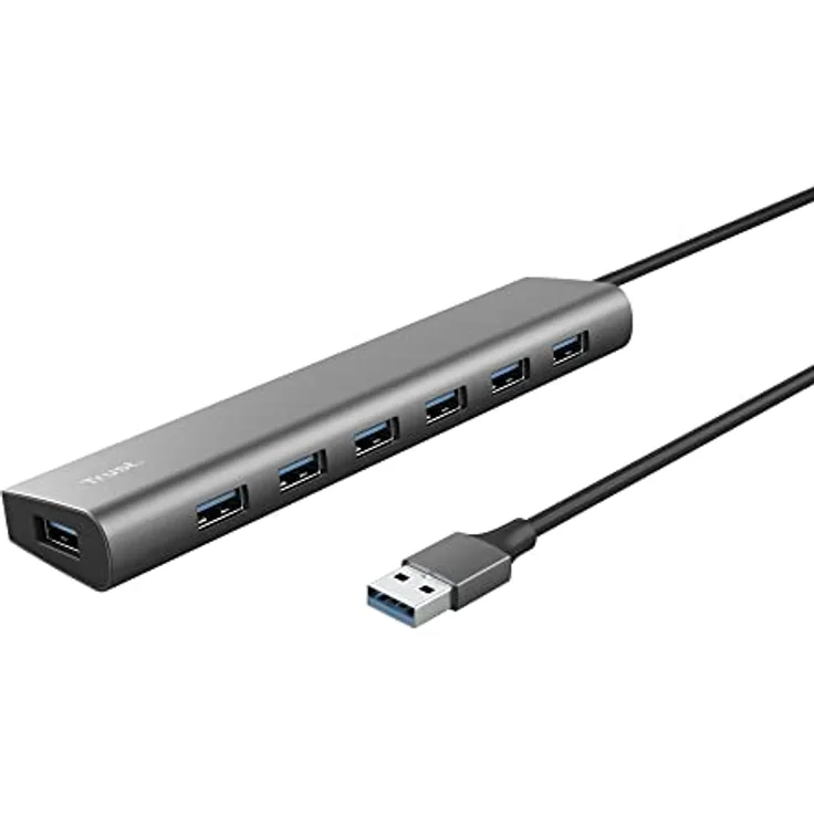 Trust Halyx 7 Port USB Hub 3.2 Gen 1, USB Verteiler mit USB-C Stromanschluss, USB Mehrfachstecker, Dünn und Kompakt, 5Gbps Adapter Datenhub für MacBook Pro/Air, Laptop, Notebook, PC - Grau