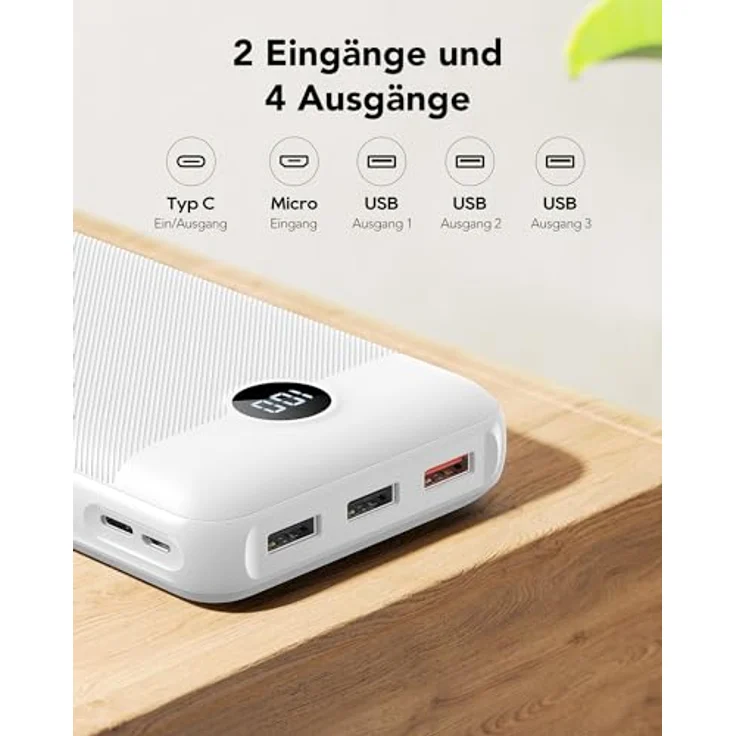 VEGER Power Bank 27000mAh 20W PD, Externer Akku mit 4 Ausgängen, 2 Eingängen und LED Display, USB C Kompatibel mit iPhone 15, 14, 13, 12, Samsung, Huawei, iPad, Weiß – Bild 4