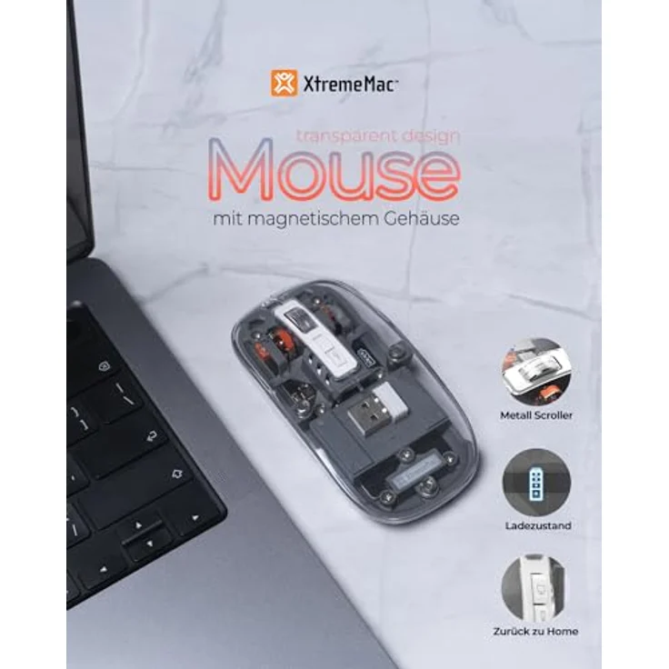 XtremeMac Kabellose Maus, Bluetooth & USB, wiederaufladbar, ergonomisches Design, 4 einstellbare DPI, Grau – Bild 2