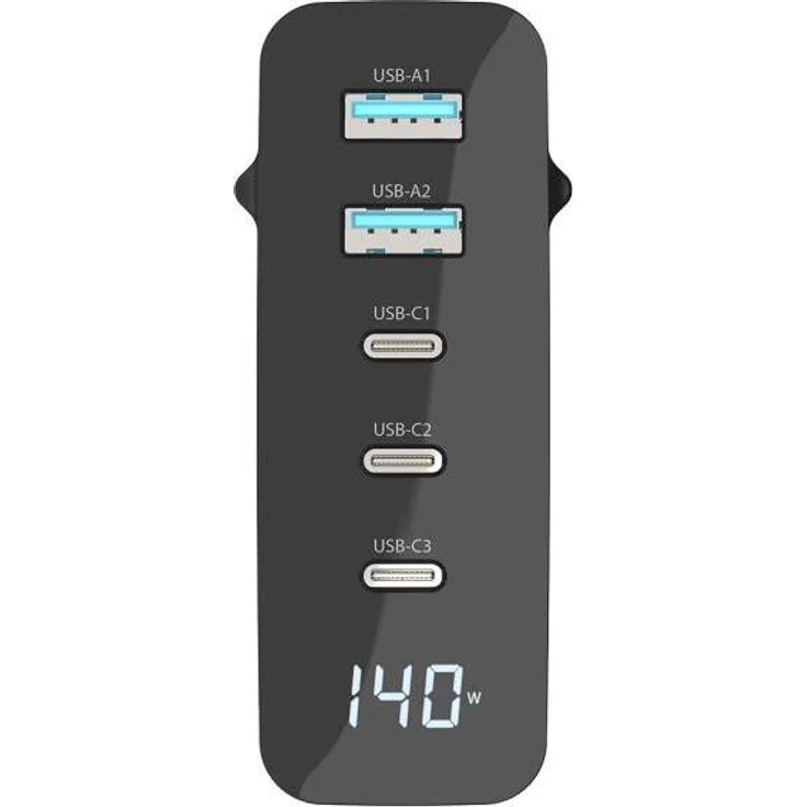 Sitecom CH-1003, 140W GaN Universal Ladegerät für Mobilgeräte, Schwarz mit USB-C Stromversorgung und LED-Bildschirm