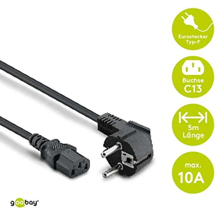 Goobay Wentronic Netzkabel abgewinkelter (Schuko auf IEC 320 C13) 5 m schwarz – Bild 3