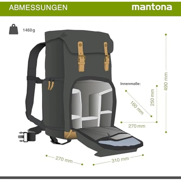 Mantona Luis Retro Fotorucksack (mit Echtleder-Applikationen, inkl. Regenschutzhülle, flexible Einteilung und Laptopfach, geeignet für 1x DSLR-Kamera, 3x Objektive und diverses Fotozubehör) schwarz – Bild 10