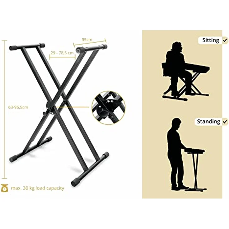 Classic Cantabile Doppelstrebiger Keyboardständer - 5-Fach höhenverstellbares Keyboard Stativ - Stabiler Keyboard Stand Doppel - Stand für E-Piano Stagepiano - Klavier Halterung Schwarz – Bild 2