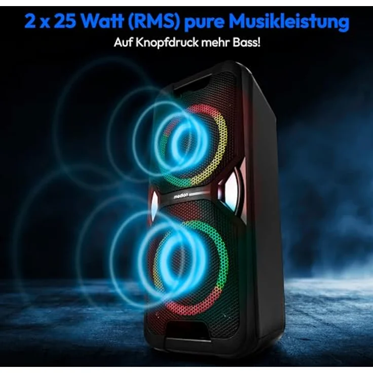 MEDION PE-1 Pure Partybox, tragbarer Bluetooth Lautsprecher mit Akku, Mikrofonanschluss, verschiedenen Lichteffekten, Karaoke und 26 Std. Musikwiedergabe – Bild 4
