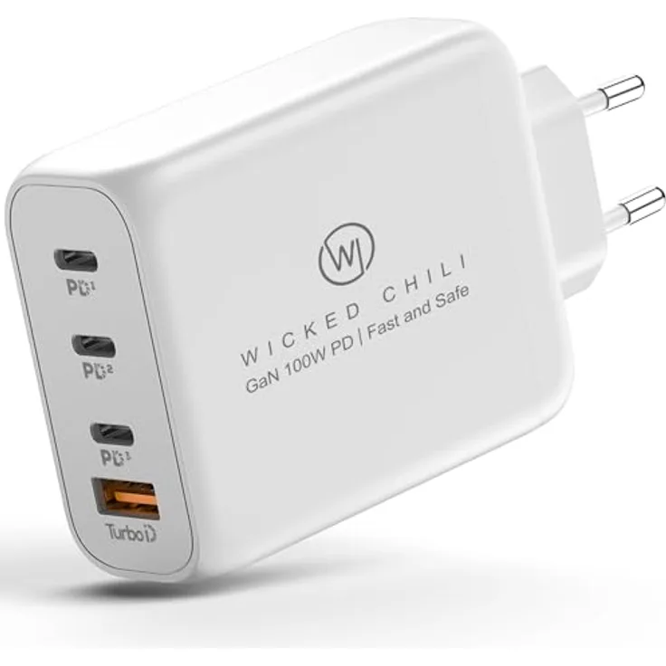 Wicked Chili 100W USB C GaN II Ladegerät | 4 Port Fast Charger PD Netzteil mit PPS kompatibel mit MacBook Pro, iPhone 16, 15, 14, 13 Pro Max Mini & iPad Pro (3X USB-C / 1x USB-A, Weiss)