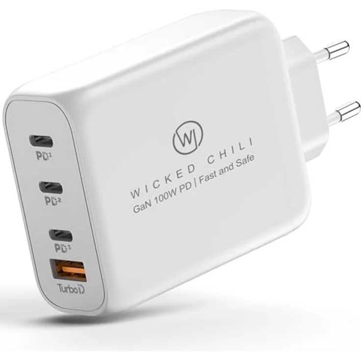 Wicked Chili 100W USB C GaN II Ladegerät | 4 Port Fast Charger PD Netzteil mit PPS kompatibel mit MacBook Pro, iPhone 16, 15, 14, 13 Pro Max Mini & iPad Pro (3X USB-C / 1x USB-A, Weiss) – Bild 1
