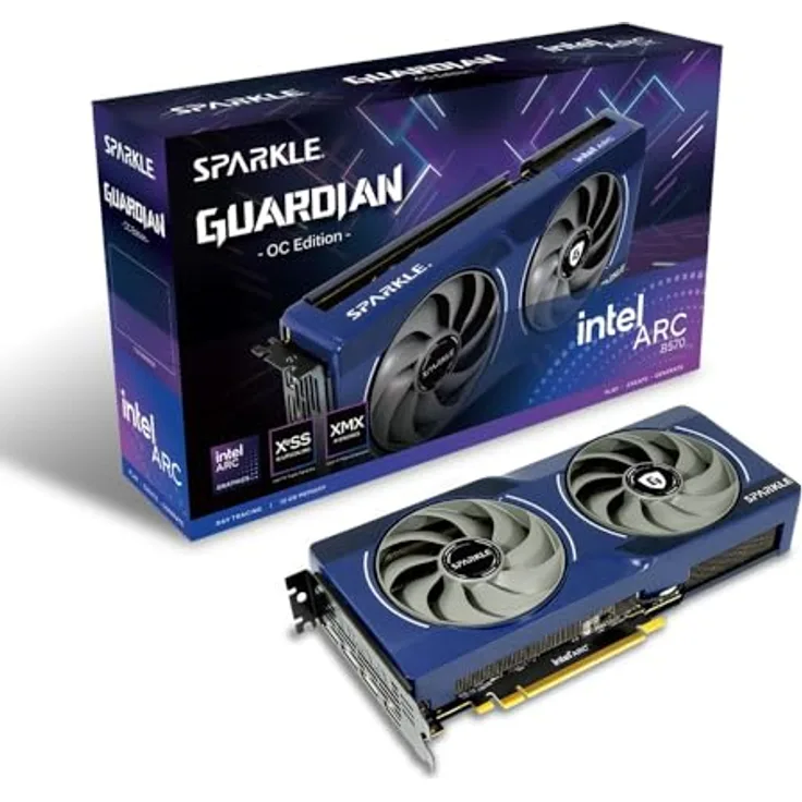 Sparkle Intel Arc B570 Guardian OC Grafikkarte, 10 GB GDDR6, Torn Cooling 2.0, Axiallüfter, Atemlicht, Metallrückplatte, blau