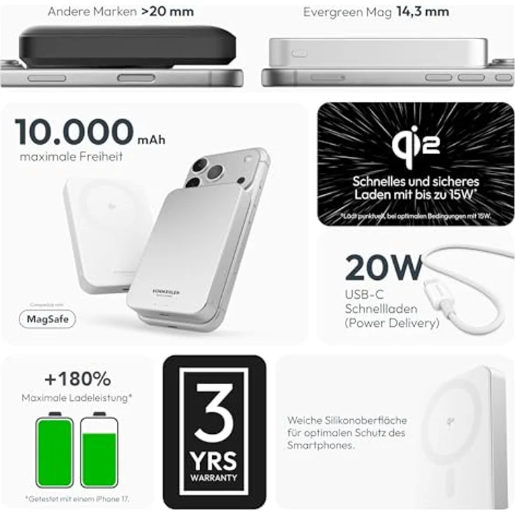 VONMÄHLEN Evergreen Mag 10.000 mAh Qi2-Powerbank, kabelloses Laden mit 15W, kompatibel mit MagSafe, 20W USB-C Power Delivery, langlebiger LCO-Akku, 14,3 mm dünn, Weiß – Bild 4