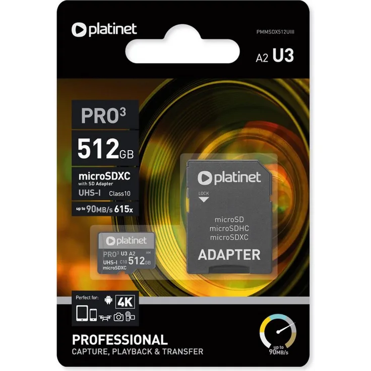 Platinet PRO3 microSDXC Speicherkarte, 512 GB, UHS-I U3, Class 10, A2, bis zu 90 MB/s, schwarz