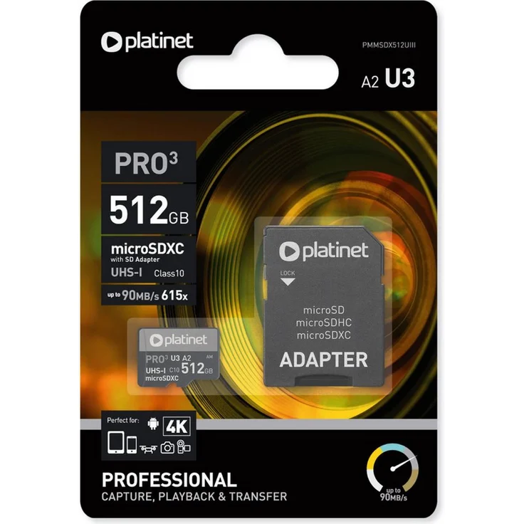 Platinet PRO3 microSDXC Speicherkarte, 512 GB, UHS-I U3, Class 10, A2, bis zu 90 MB/s, schwarz
